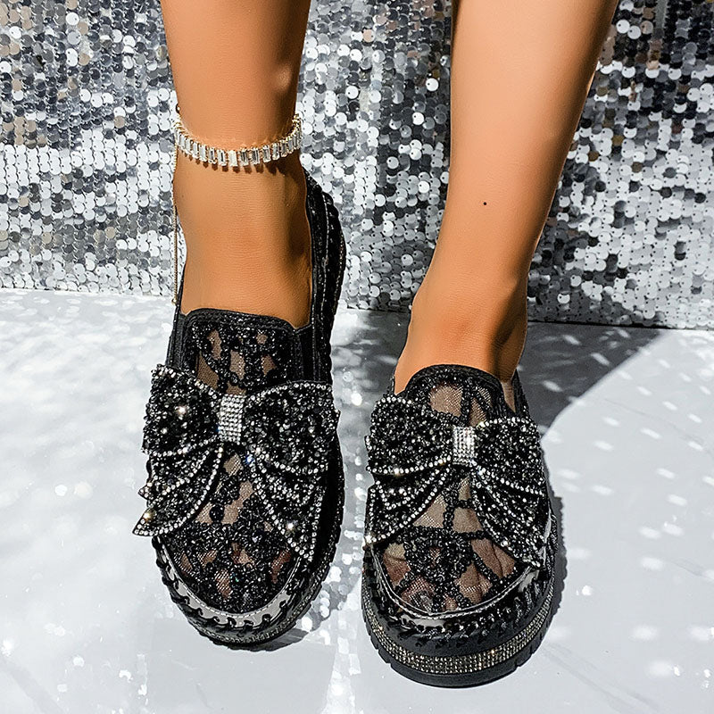 Women's Rhinestone Bow Mesh Platform Loafers
