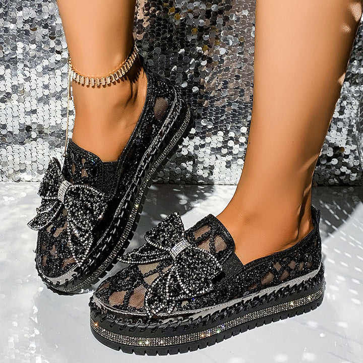 Women's Rhinestone Bow Mesh Platform Loafers