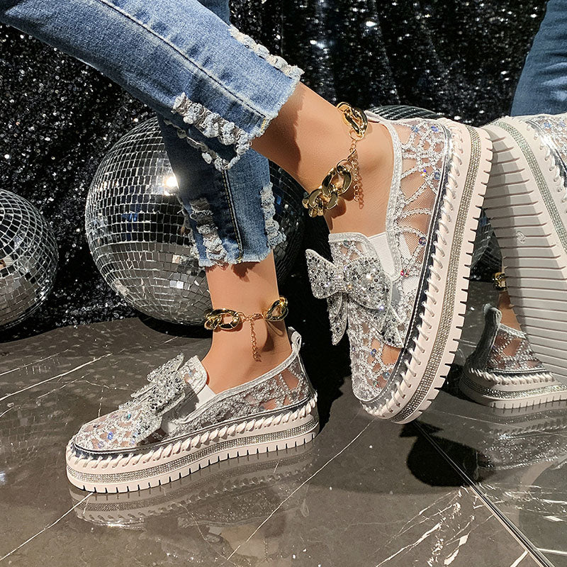 Women's Rhinestone Bow Mesh Platform Loafers