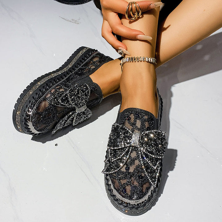Women's Rhinestone Bow Mesh Platform Loafers