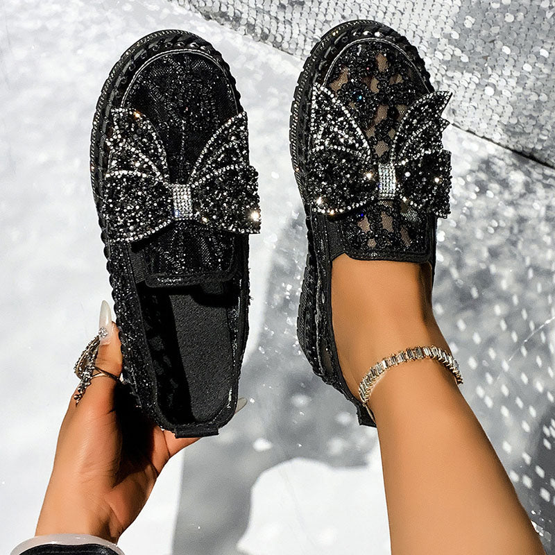 Women's Rhinestone Bow Mesh Platform Loafers