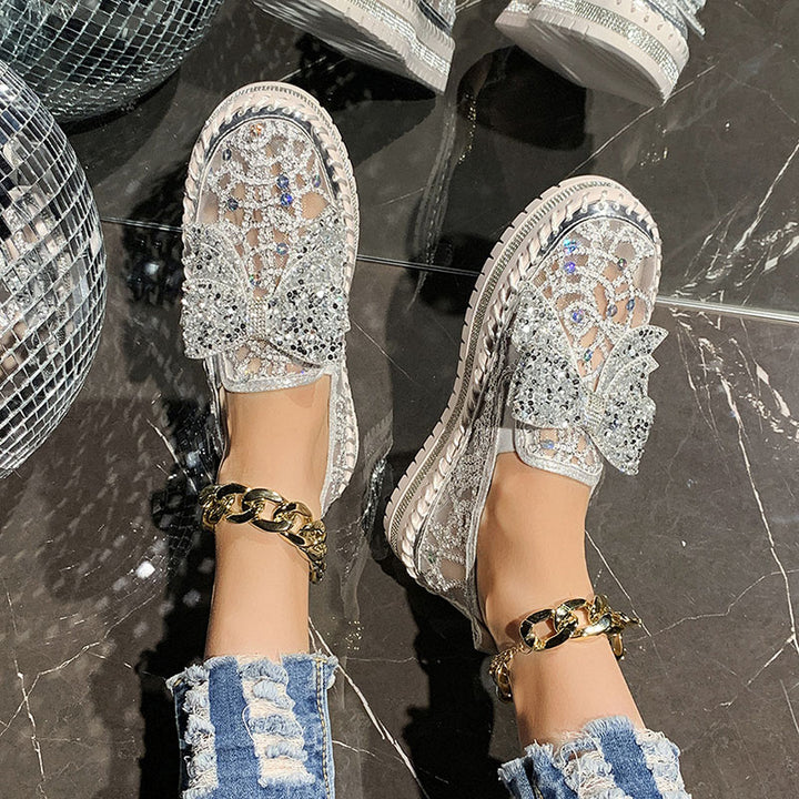 Women's Rhinestone Bow Mesh Platform Loafers