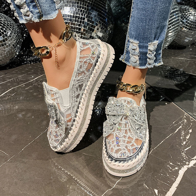 Women's Rhinestone Bow Mesh Platform Loafers