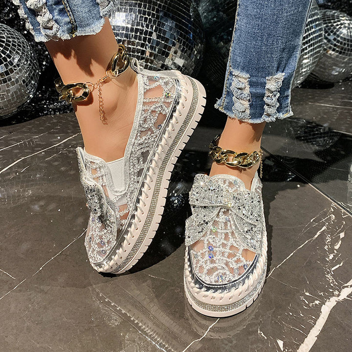 Women's Rhinestone Bow Mesh Platform Loafers