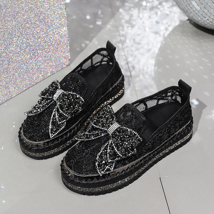 Women's Rhinestone Bow Mesh Platform Loafers