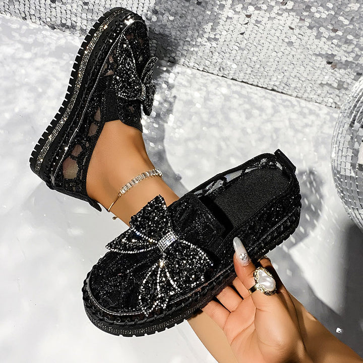 Women's Rhinestone Bow Mesh Platform Loafers