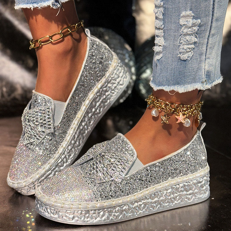 Women's Rhinestone Bow Platform Loafers – Glitter Slip-On Shoes