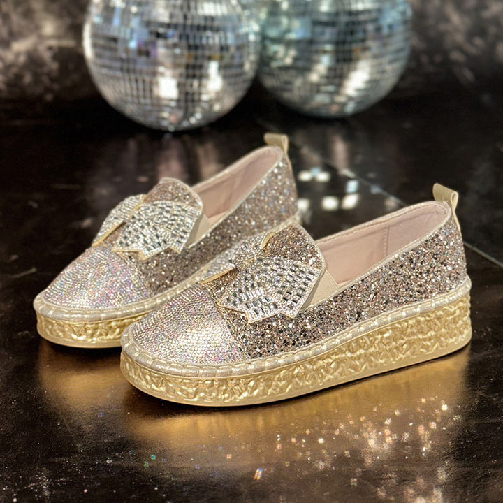 Women's Rhinestone Bow Platform Loafers – Glitter Slip-On Shoes