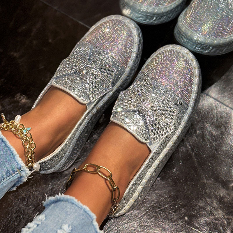 Women's Rhinestone Bow Platform Loafers – Glitter Slip-On Shoes