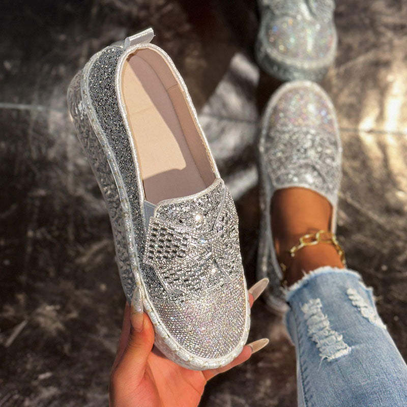 Women's Rhinestone Bow Platform Loafers – Glitter Slip-On Shoes