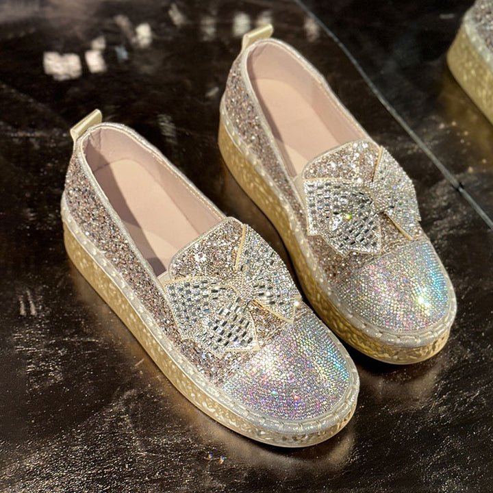 Women's Rhinestone Bow Platform Loafers – Glitter Slip-On Shoes