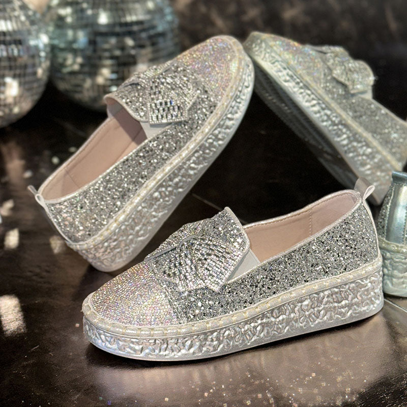 Women's Rhinestone Bow Platform Loafers – Glitter Slip-On Shoes