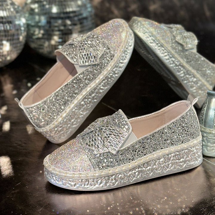 Women's Rhinestone Bow Platform Loafers – Glitter Slip-On Shoes