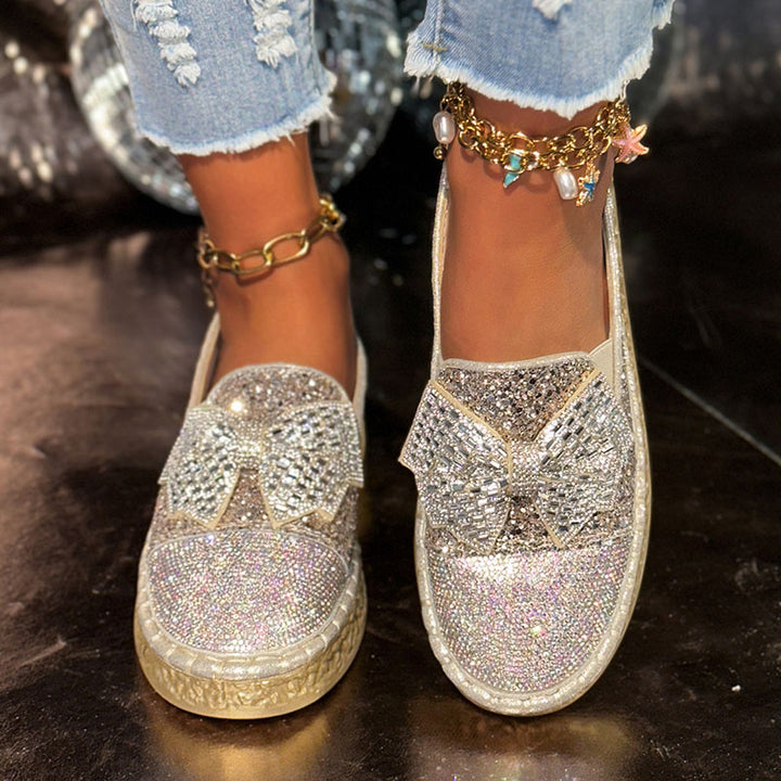 Women's Rhinestone Bow Platform Loafers – Glitter Slip-On Shoes