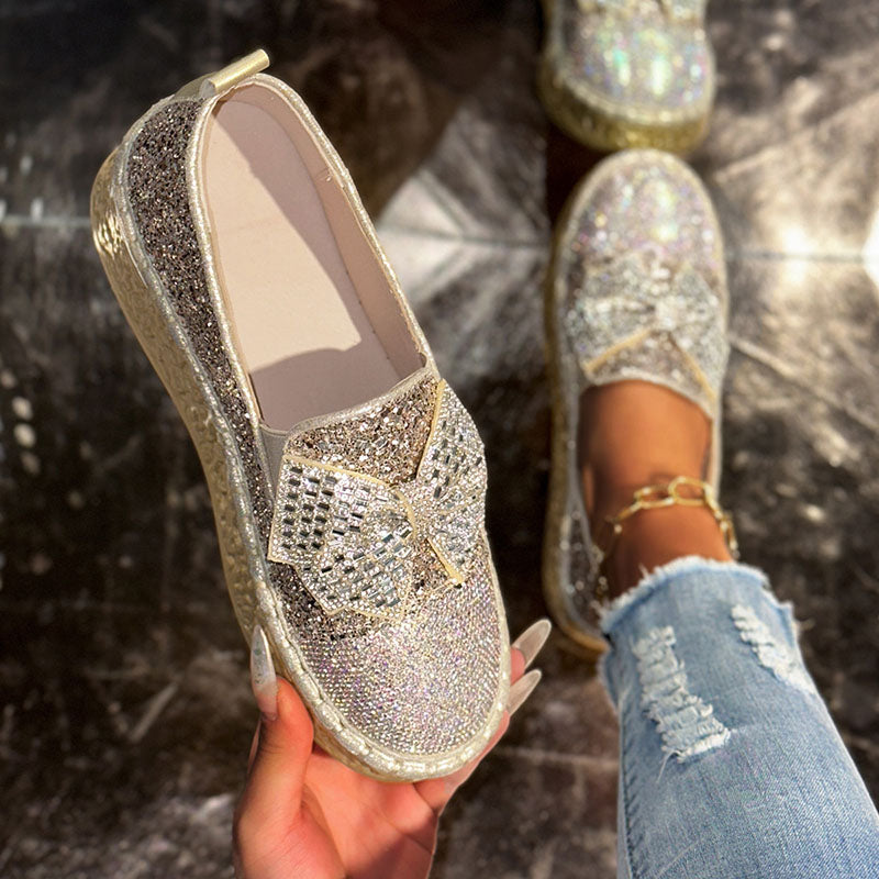 Women's Rhinestone Bow Platform Loafers – Glitter Slip-On Shoes