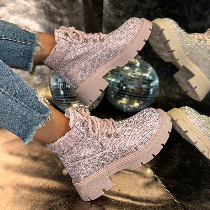 Women’s Rhinestone Lace-Up Combat Boots