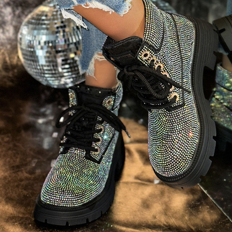 Women’s Rhinestone Lace-Up Combat Boots