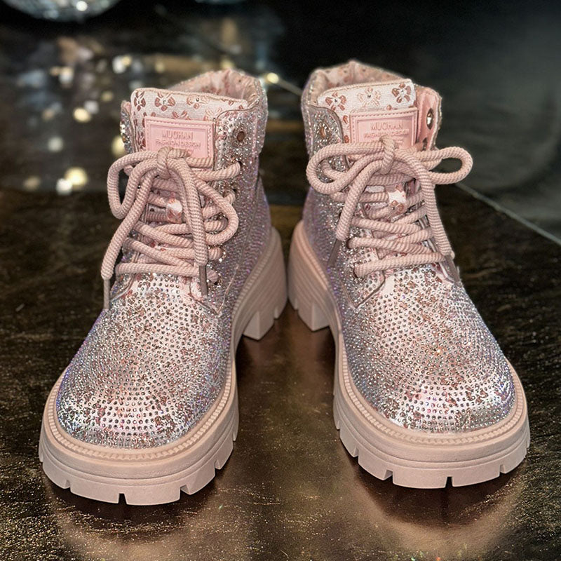 Women’s Rhinestone Lace-Up Combat Boots