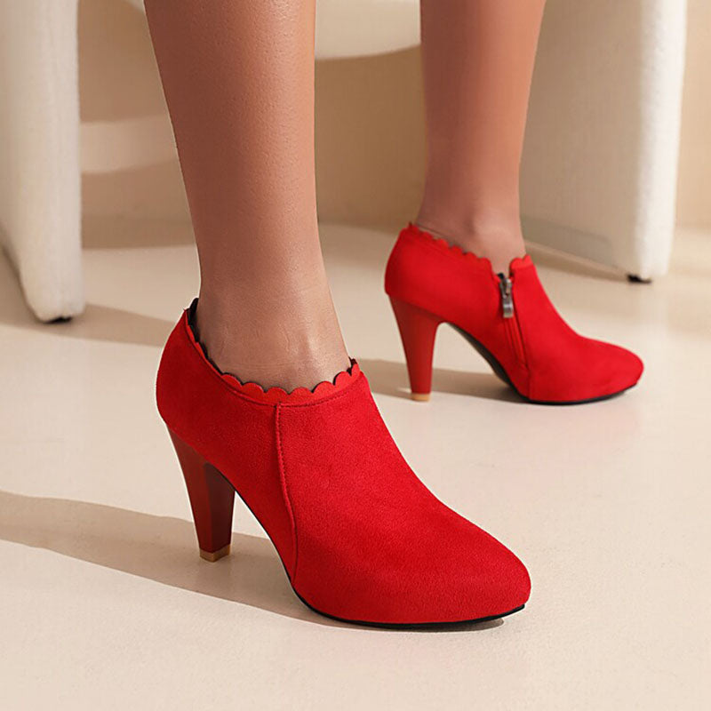 red Women's Scalloped High-Heel Ankle Booties