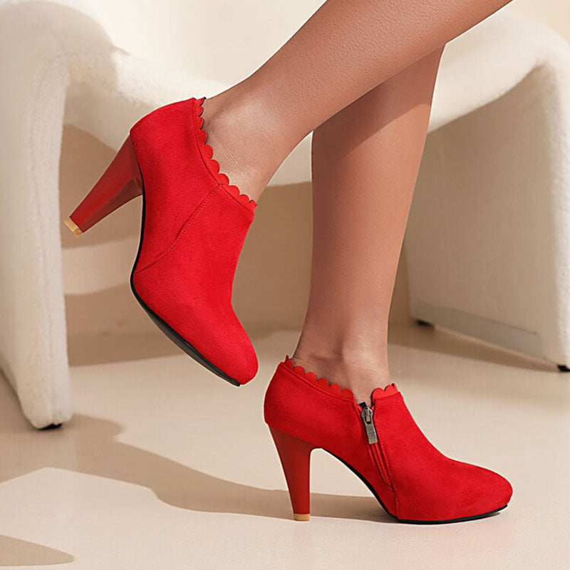 red Women's Scalloped High-Heel Ankle Booties