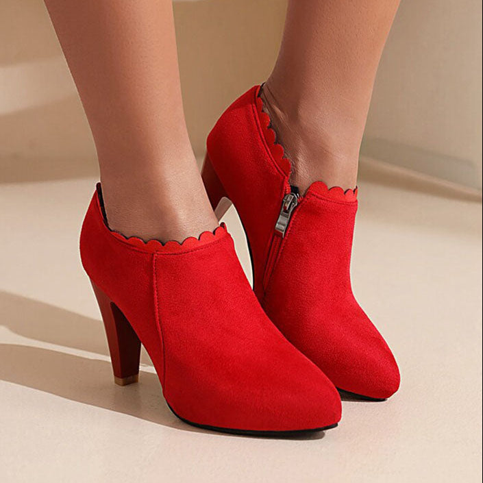 red Women's Scalloped High-Heel Ankle Booties