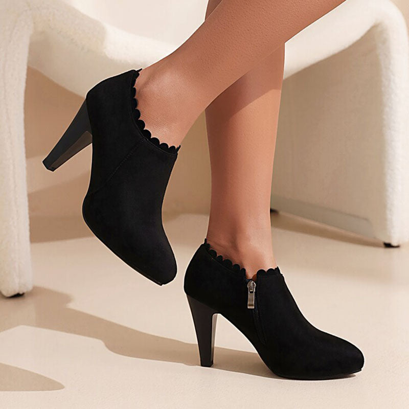 blalck Women's Scalloped High-Heel Ankle Booties