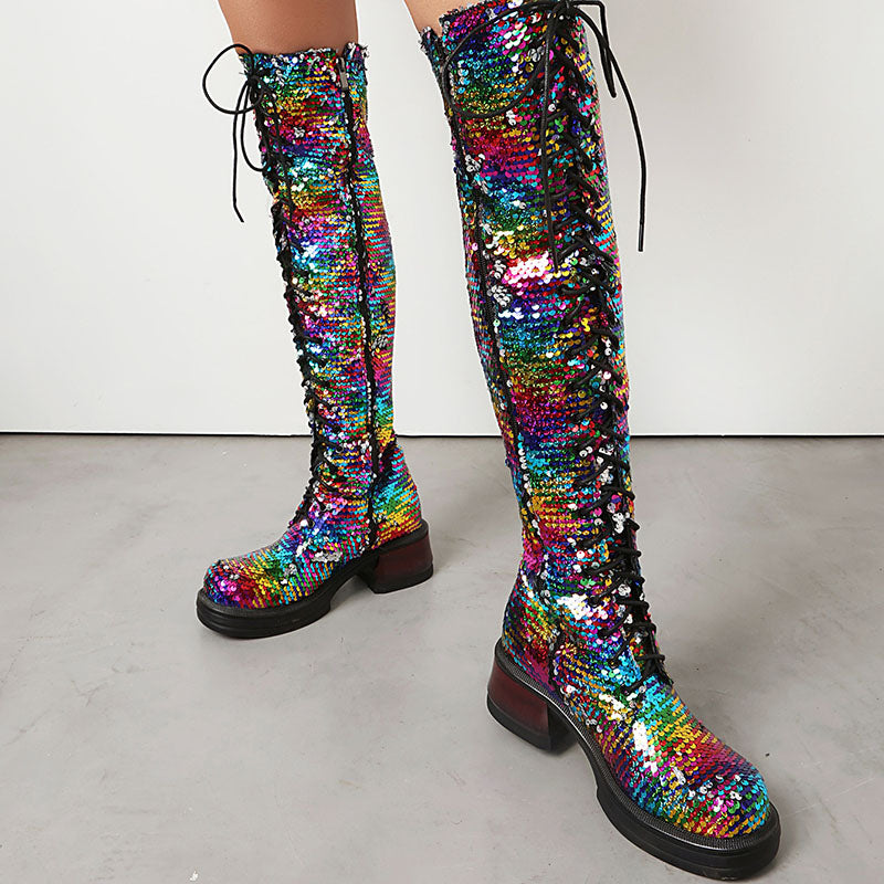 Women's Sequin Lace-Up Knee-High Boots