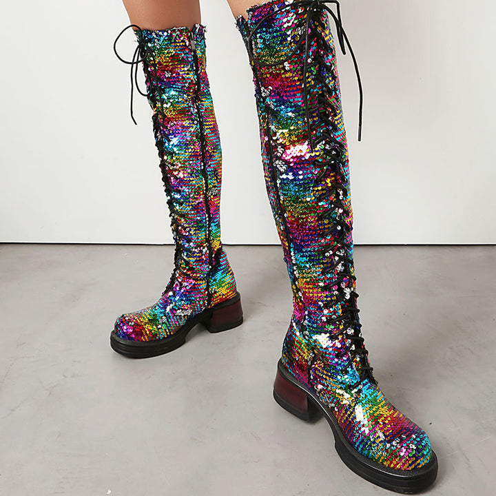 Women's Sequin Lace-Up Knee-High Boots