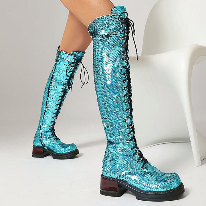 Women's Sequin Lace-Up Knee-High Boots