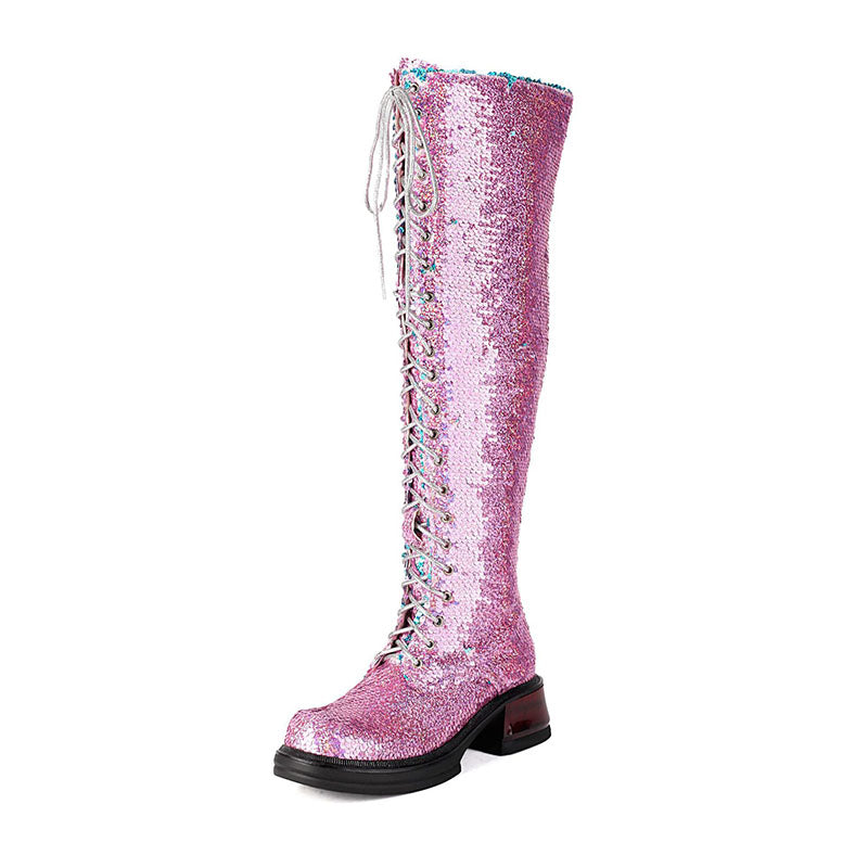 Women's Sequin Lace-Up Knee-High Boots