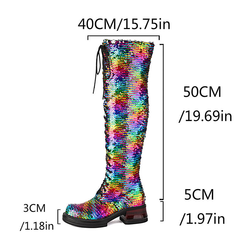 Women's Sequin Lace-Up Knee-High Boots
