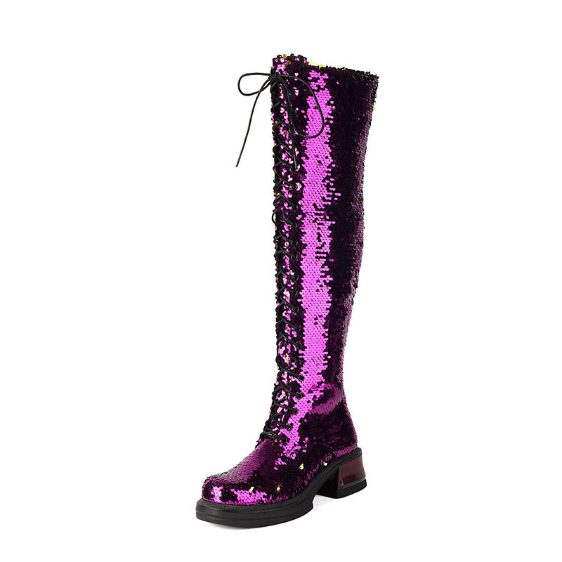 Women's Sequin Lace-Up Knee-High Boots