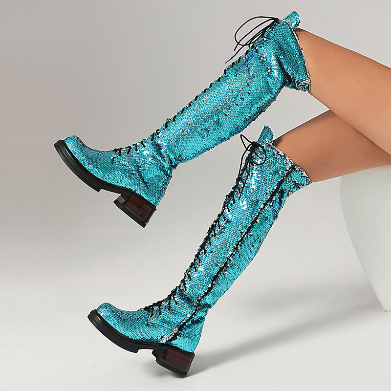 Women's Sequin Lace-Up Knee-High Boots