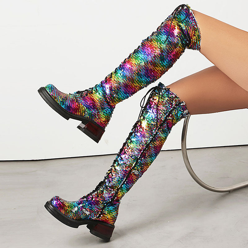 Women's Sequin Lace-Up Knee-High Boots
