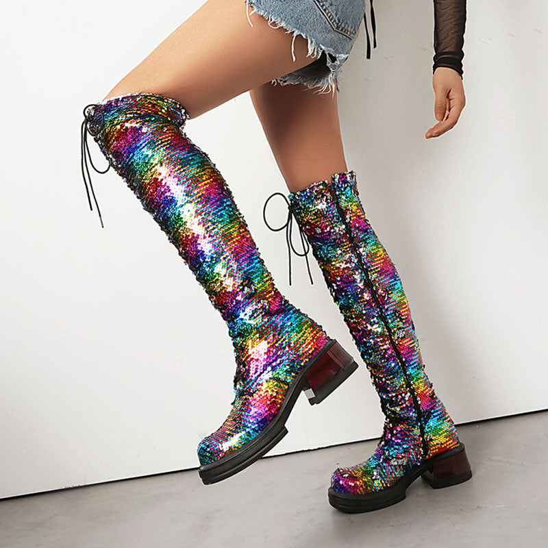 Women's Sequin Lace-Up Knee-High Boots