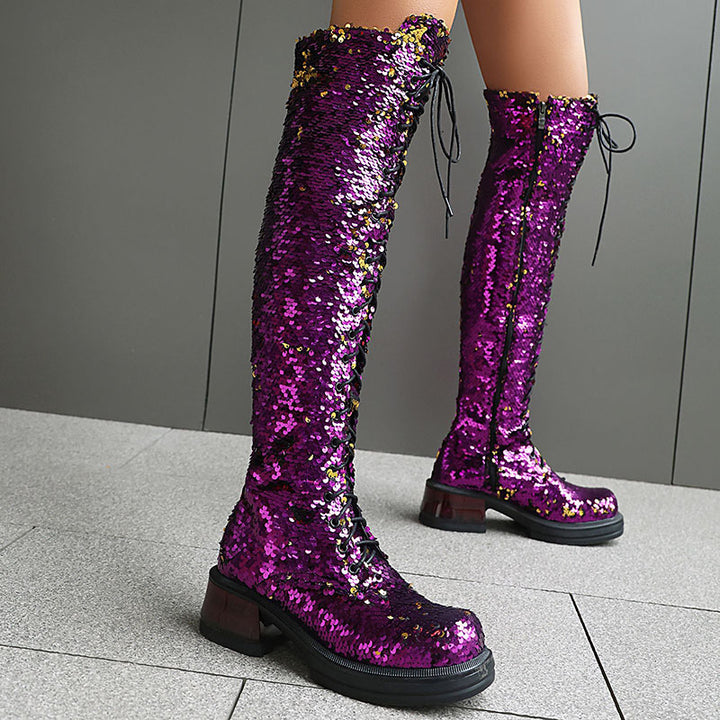Women's Sequin Lace-Up Knee-High Boots