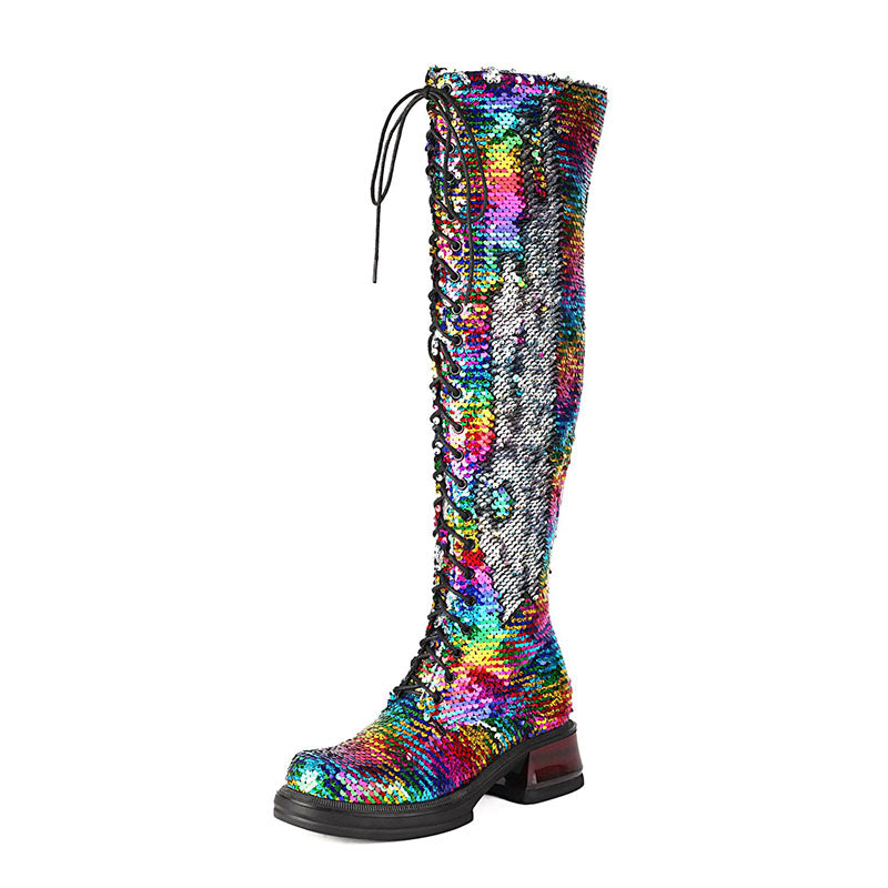 Women's Sequin Lace-Up Knee-High Boots