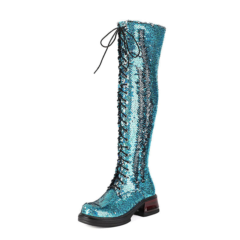 Women's Sequin Lace-Up Knee-High Boots