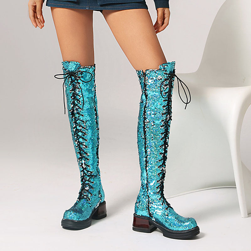 Women's Sequin Lace-Up Knee-High Boots