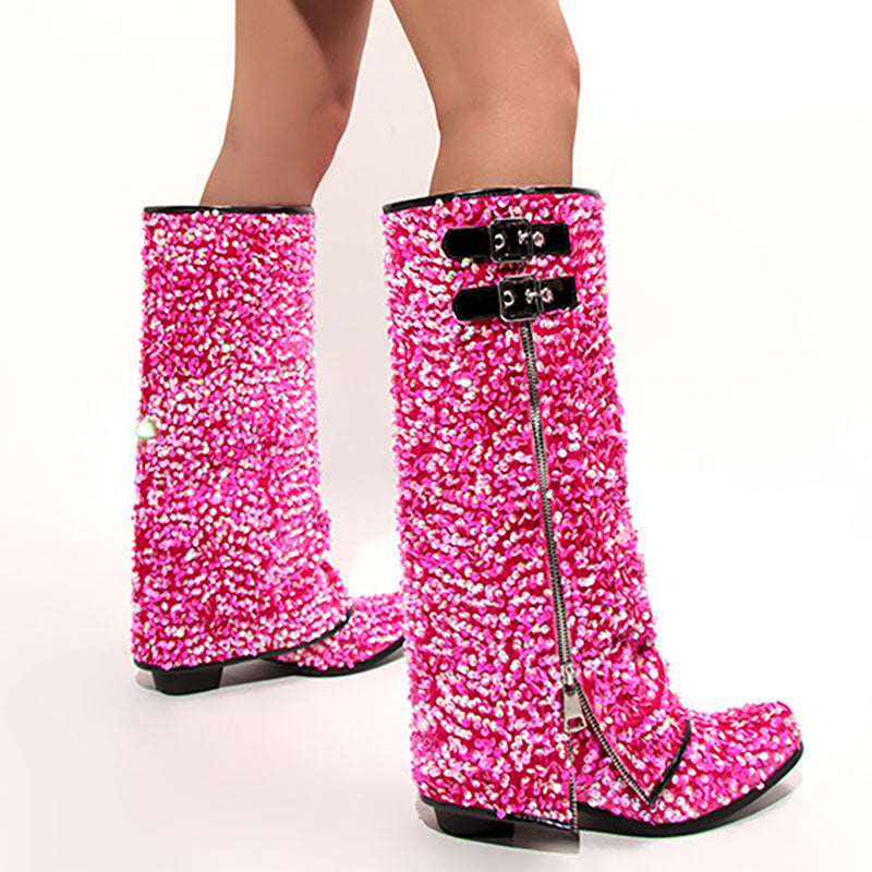 Women’s Sequin Square Toe Knee-High Boots