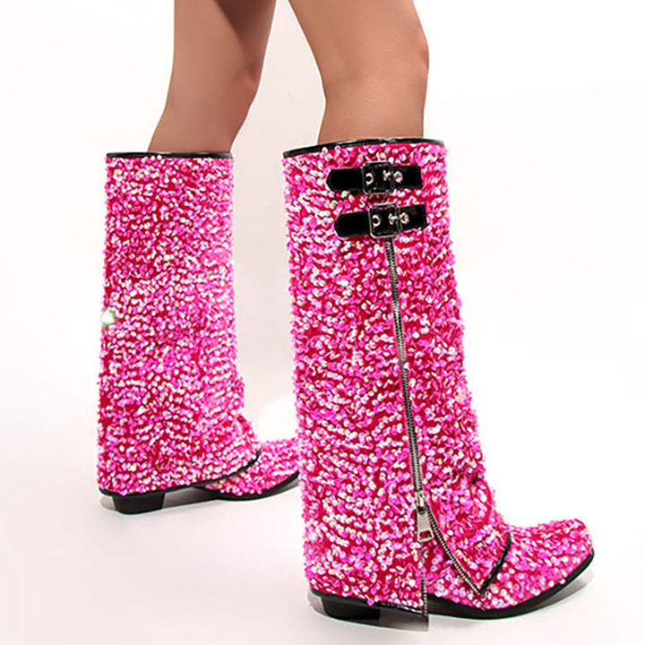 Women’s Sequin Square Toe Knee-High Boots