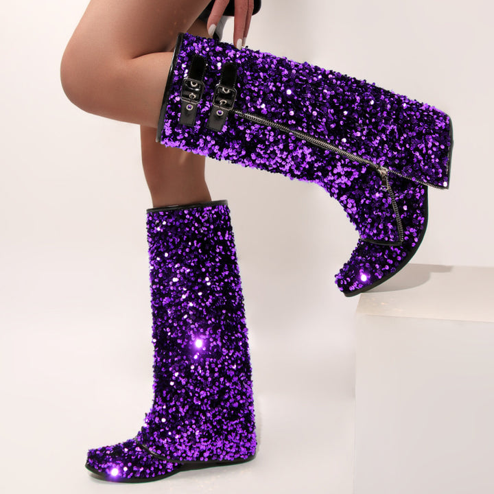purple Women’s Sequin Square Toe Knee-High Boots