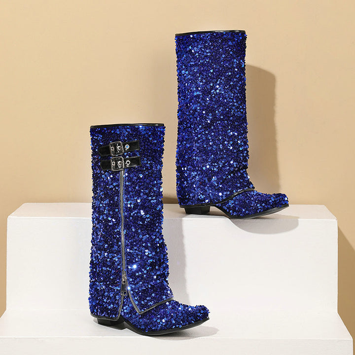 blue Women’s Sequin Square Toe Knee-High Boots