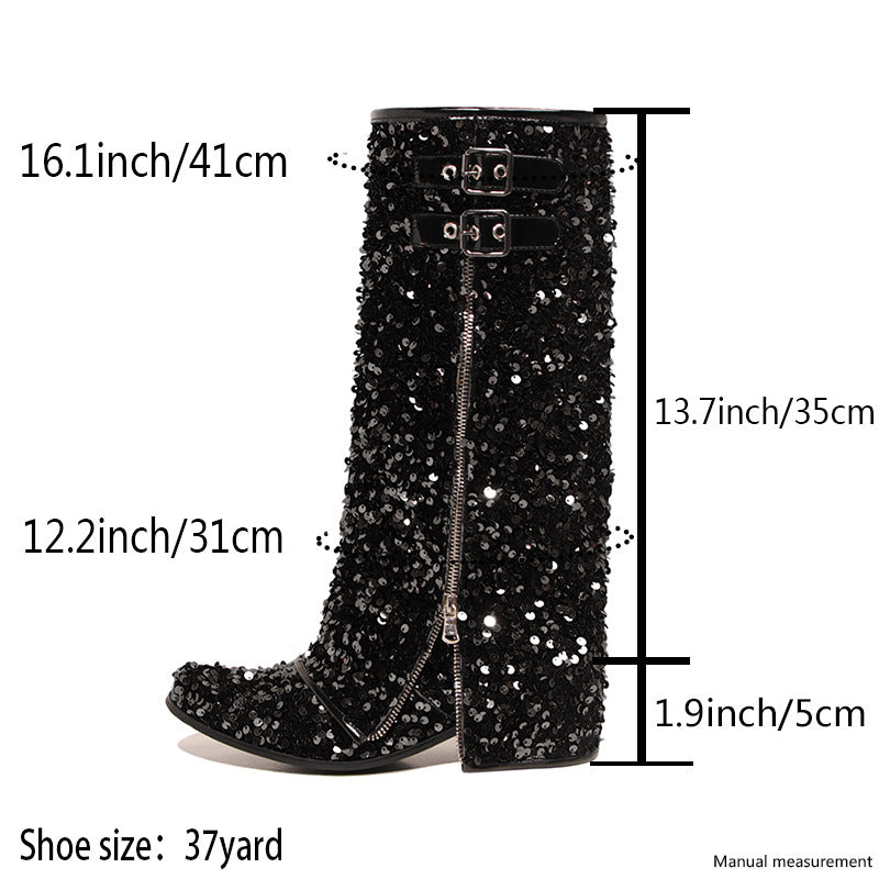 black Women’s Sequin Square Toe Knee-High Boots