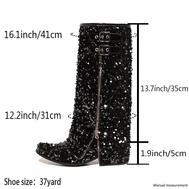 black Women’s Sequin Square Toe Knee-High Boots