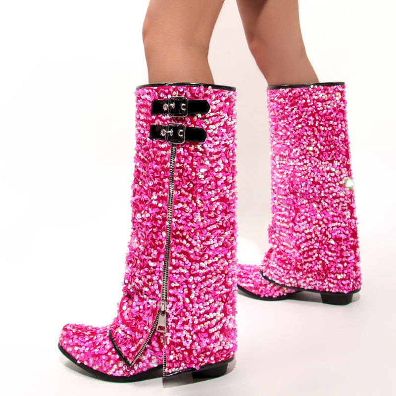 pink Women’s Sequin Square Toe Knee-High Boots