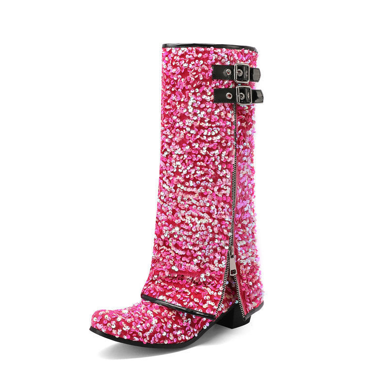 pink Women’s Sequin Square Toe Knee-High Boots