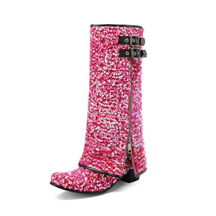 pink Women’s Sequin Square Toe Knee-High Boots