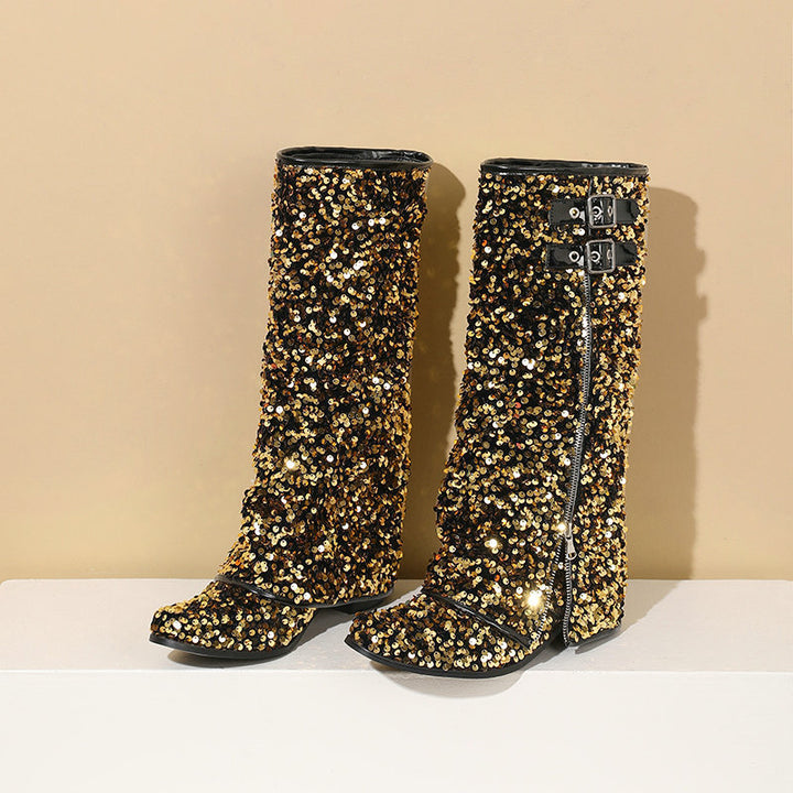 gold Women’s Sequin Square Toe Knee-High Boots