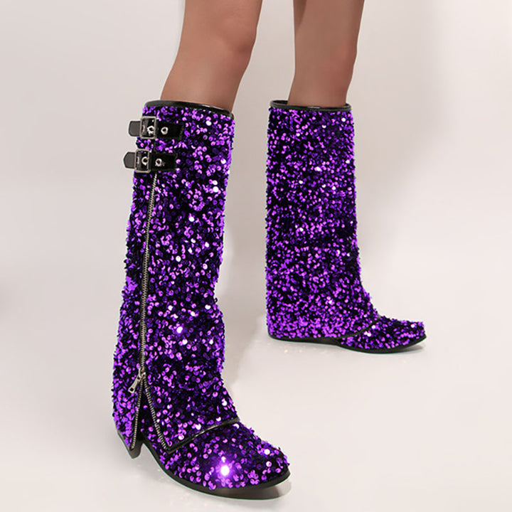 Women’s Sequin Square Toe Knee-High Boots